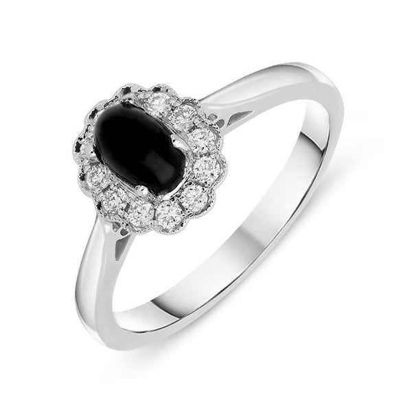 18ct White Gold Whitby Jet 0.16ct Diamond Milgrain Cluster Ring, R1148.