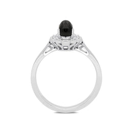 18ct White Gold Whitby Jet 0.16ct Diamond Milgrain Cluster Ring, R1148.