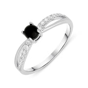 18ct White Gold Whitby Jet 0.16ct Diamond Split Shoulder Ring, R1147.