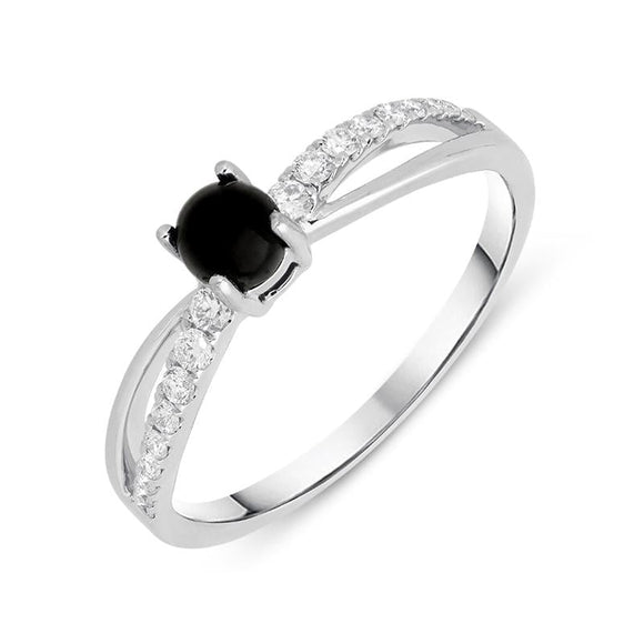 18ct White Gold Whitby Jet 0.16ct Diamond Split Shoulder Ring, R1147.