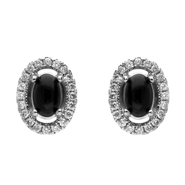 18ct White Gold Whitby Jet 0.18ct Diamond Oval Cluster Earrings e2213. 