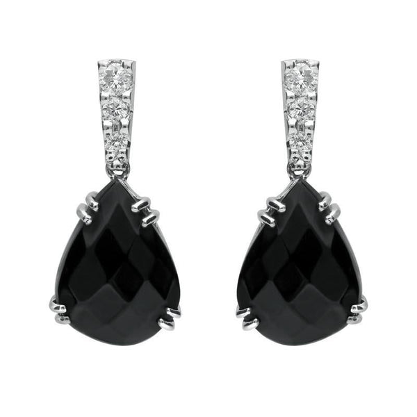 18ct White Gold Whitby Jet 0.19ct Diamond Faceted Pear Drop Earrings JD4_4
