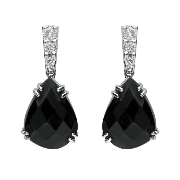 18ct White Gold Whitby Jet 0.19ct Diamond Faceted Pear Drop Earrings JD4_4
