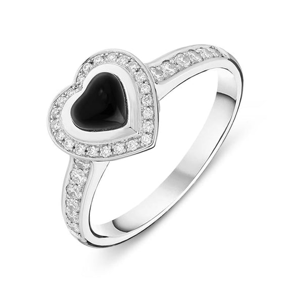 18ct White Gold Whitby Jet 0.24ct Diamond Shoulder Heart Ring, KRG-196.