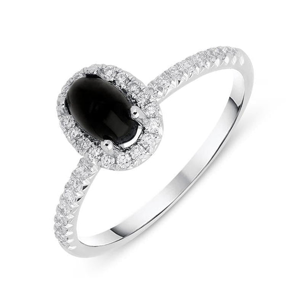 18ct White Gold Whitby Jet 0.27ct Diamond Oval Cluster Ring, R1151.