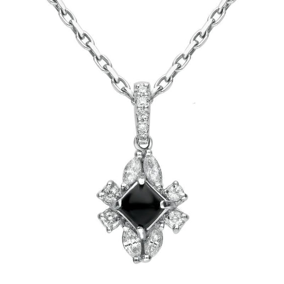 18ct White Gold Whitby Jet 0.30ct Diamond Ornate Necklace, P1549C.