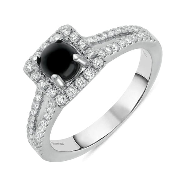 18ct White Gold Whitby Jet 0.38ct Diamond Cushion Top Split Shank Ring R892