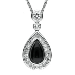 18ct White Gold Whitby Jet 2.17ct Diamond Central Pear Necklace, KRG-130.