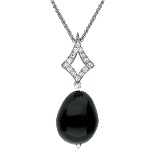 18ct White Gold Whitby Jet Diamond Bead Pave Set Open Diamond Shape Necklace, PUNQ0000266