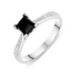 18ct White Gold Whitby Jet Diamond Cushion Shaped Ring, R1150.