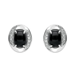18ct White Gold Whitby Jet 0.11ct Diamond Oval Earrings E1398