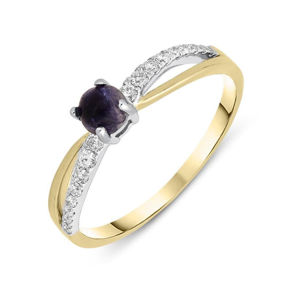 18ct Yellow Gold Blue John 0.16ct Diamond Split Shoulder Ring, R1147.