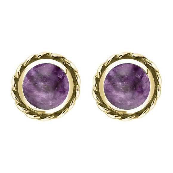 18ct Yellow Gold Blue John Round Twist Edge Stud Earrings. E134.