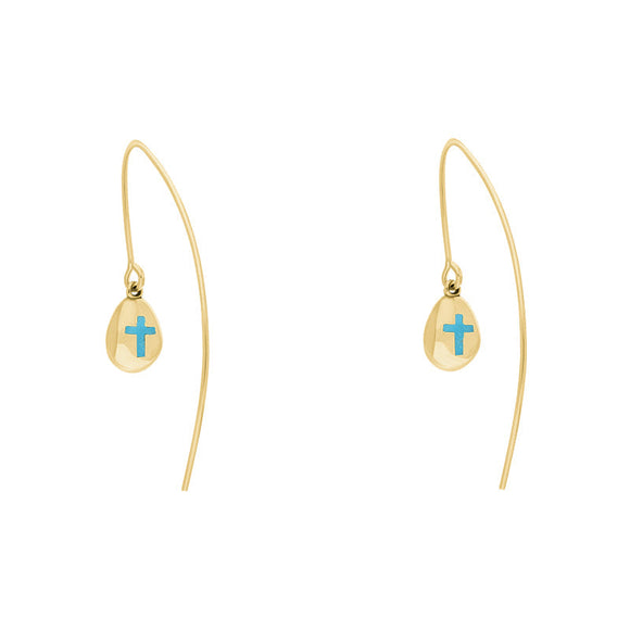 18ct Yellow Gold Turquoise Cross Disc Drop Earrings, E1374.