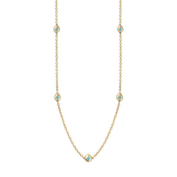 18ct Yellow Gold Turquoise Fleur De Lis Link Disc Chain Necklace