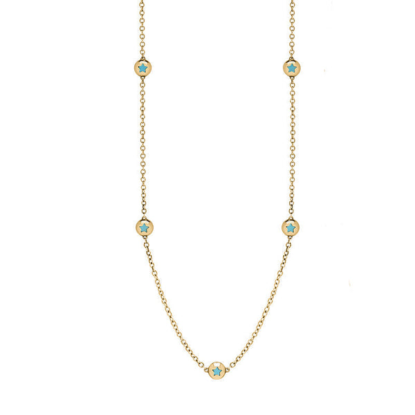 18ct Yellow Gold Turquoise Star Link Disc Chain Necklace, N744.
