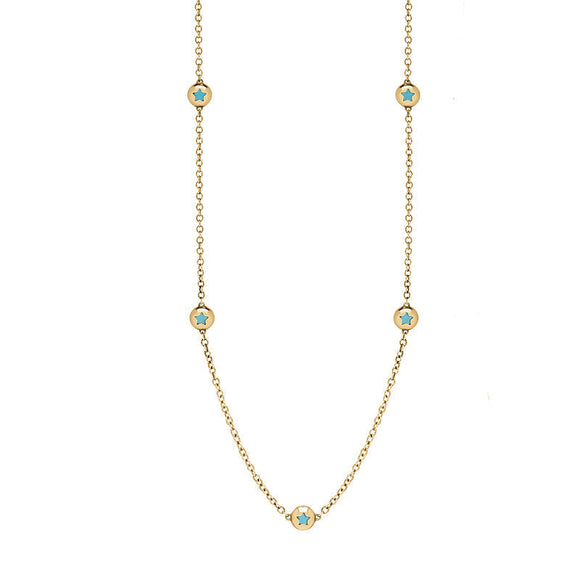 18ct Yellow Gold Turquoise Star Link Disc Chain Necklace, N744.