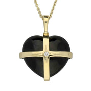 18ct Yellow Gold Whitby Jet 0.03ct Diamond Size M Cross Heart Necklace P2653