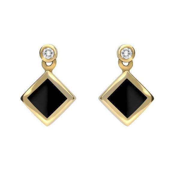 18ct Yellow Gold Whitby Jet 0.06ct Diamond Top Square Stud Earrings. E643B