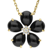 18ct Yellow Gold Whitby Jet 0.13ct Diamond Flower Necklace. P1970C.