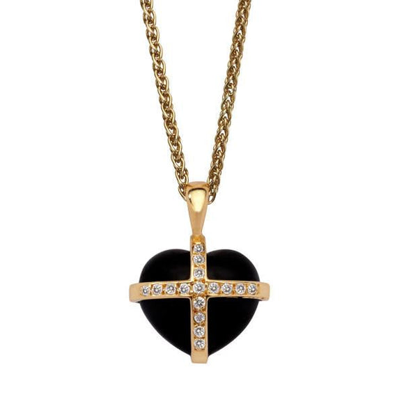 18ct Yellow Gold Whitby Jet 0.16ct Diamond Small Cross Heart Necklace P1908C