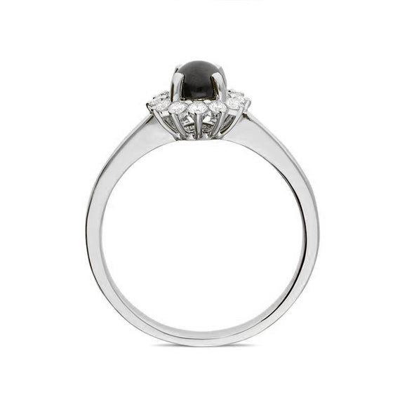 18ct White Gold Whitby Jet 0.18ct Diamond Round Cluster Ring, R884.