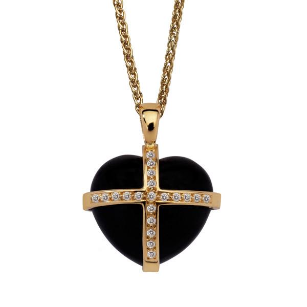 18ct Yellow Gold Whitby Jet 0.20ct Diamond Size M Cross Heart Necklace P1907C