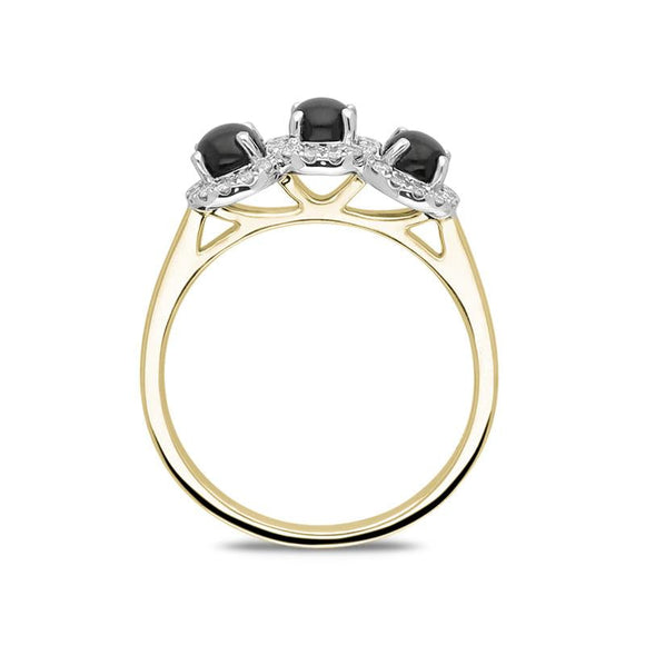 18ct Yellow Gold Whitby Jet 0.24ct Diamond 3 Stone Ring, R1012.