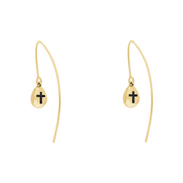 18ct Yellow Gold Whitby Jet Cross Disc Drop Earrings, E1374.