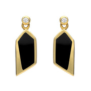 18ct Yellow Gold Whitby Jet Diamond Abstract Pentagon Drop Earrings, E730