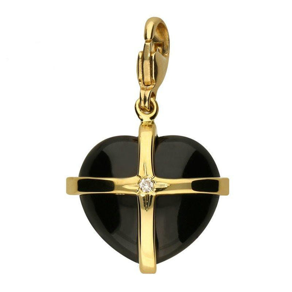 18ct Yellow Gold Whitby Jet Diamond Medium Cross Heart Charm G774