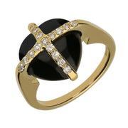 18ct Yellow Gold Whitby Jet Diamond Small Cross Heart Ring R970