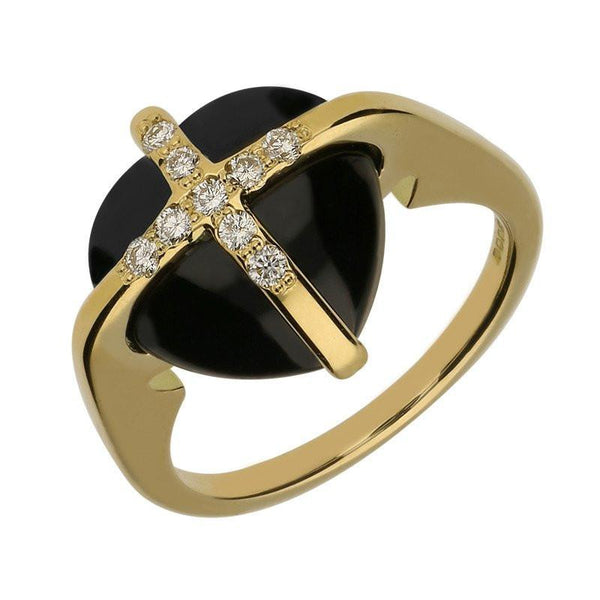 18ct Yellow Gold Whitby Jet Nine Diamond Small Cross Heart Ring R969