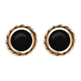 18ct Rose Gold Whitby Jet Round Twist Edge Stud Earrings. E134.