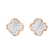 9ct Rose Gold White Mother of Pearl Bloom Four Leaf Clover Ball Edge Stud Earrings