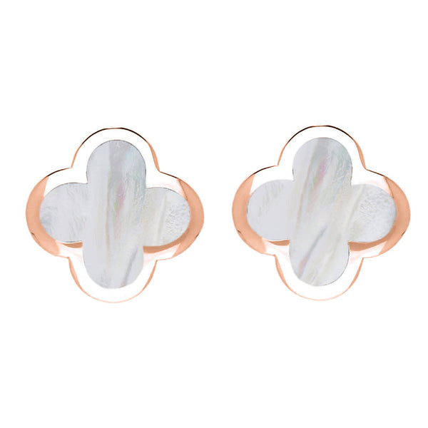 9ct Rose Gold WHITE MOP Bloom Four Leaf Clover Stud Earrings, E2465 