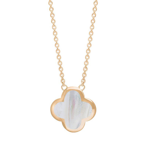 9ct Rose Gold WHITE MOP Bloom Large Four Leaf Clover Polished Edge Pendant, N1153