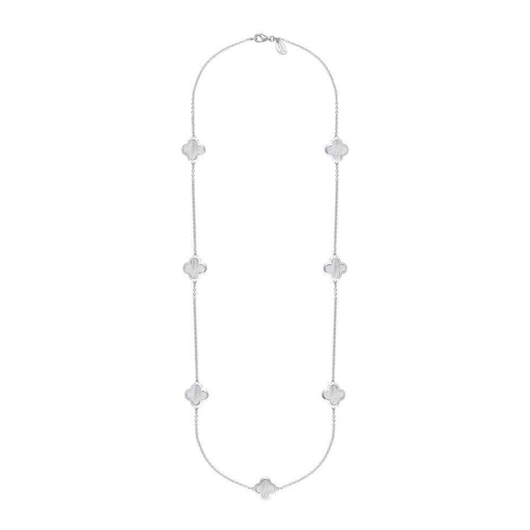 9ct White Gold WHITE MOP Bloom Four Leaf Clover Long Necklace, N1129 