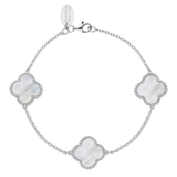 9ct White Gold WHITE MOP Bloom Four Leaf Clover Ball Edge Chain Bracelet
