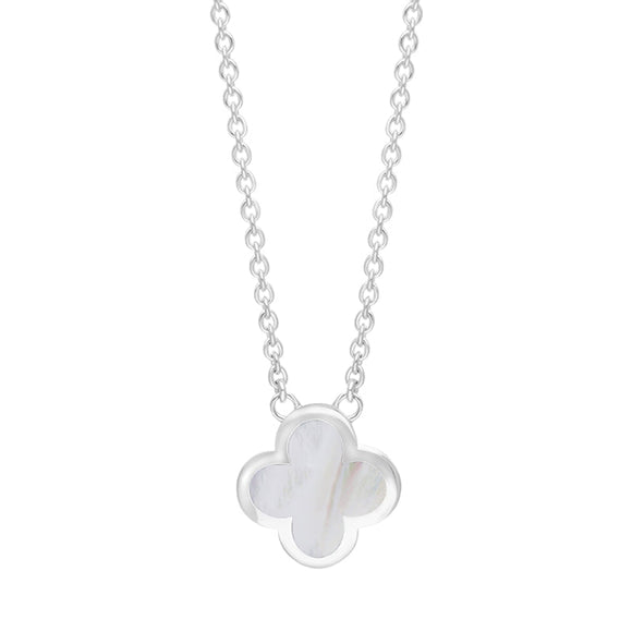 9ct White Gold White Mother of Pearl Bloom Small Four Leaf Clover Polished Edge Pendant