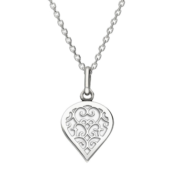 9ct White Gold Bauxite Flore Filigree Small Heart Necklace. P3629.