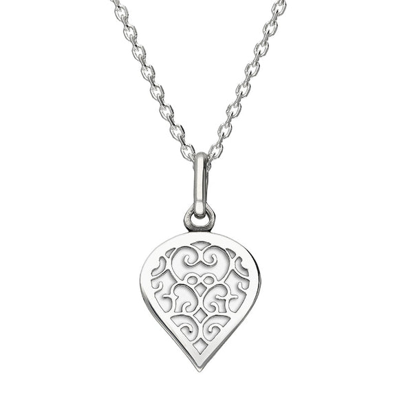 9ct White Gold Bauxite Flore Filigree Small Heart Necklace. P3629.