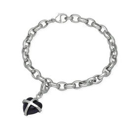 9ct White Gold Blue Goldstone Small Cross Heart Charm Bracelet, B1209