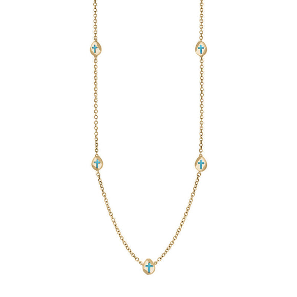 9ct Yellow Gold Turquoise Cross Link Disc Chain Necklace