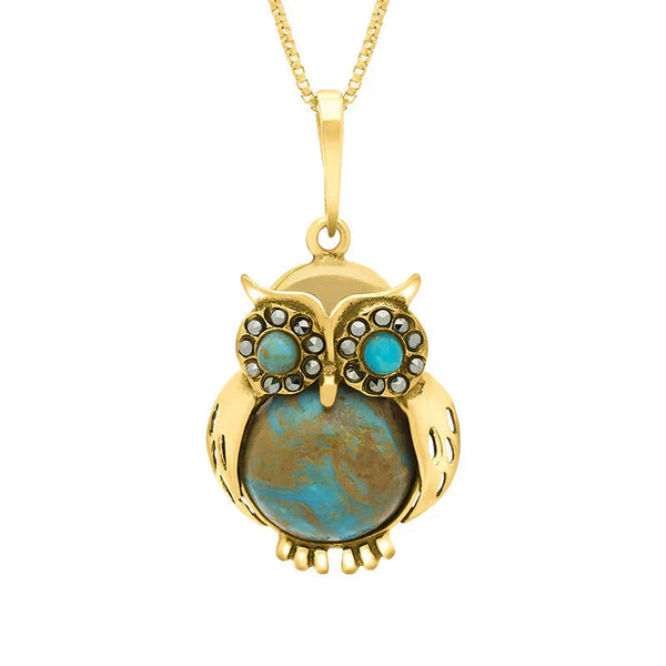 9ct Yellow Gold Turquoise Marcasite Medium Owl Necklace