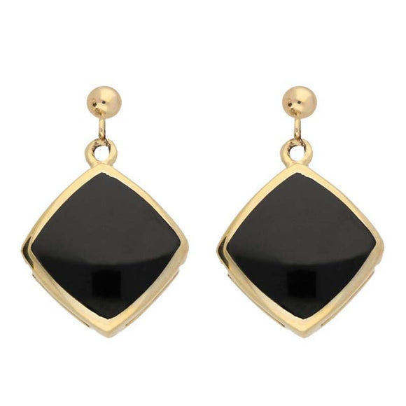 9ct Yellow Gold Whitby Jet Cushion Drop Earrings