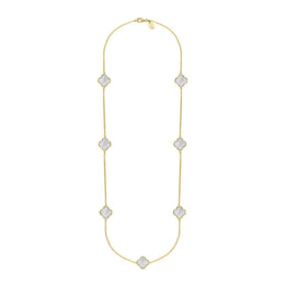 9ct Yellow Gold WHITE MOP Bloom Four Leaf Clover Ball Edge Long Necklace, N1040