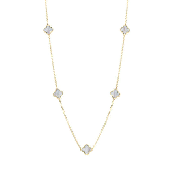 9ct Yellow Gold White Mother of Pearl Bloom Four Leaf Clover Ball Edge Necklace