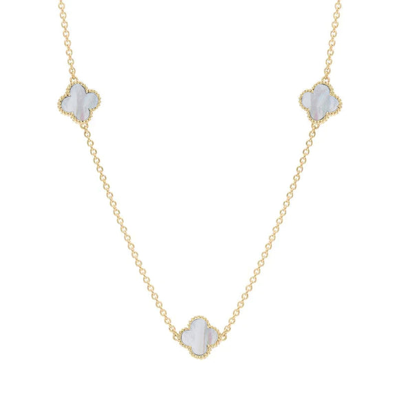 9ct Yellow Gold White Mother of Pearl Bloom Four Leaf Clover Ball Edge Necklace