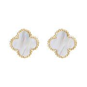 9ct Yellow Gold WHITE MOP Bloom Four Leaf Clover Ball Edge Stud Earrings, E2600